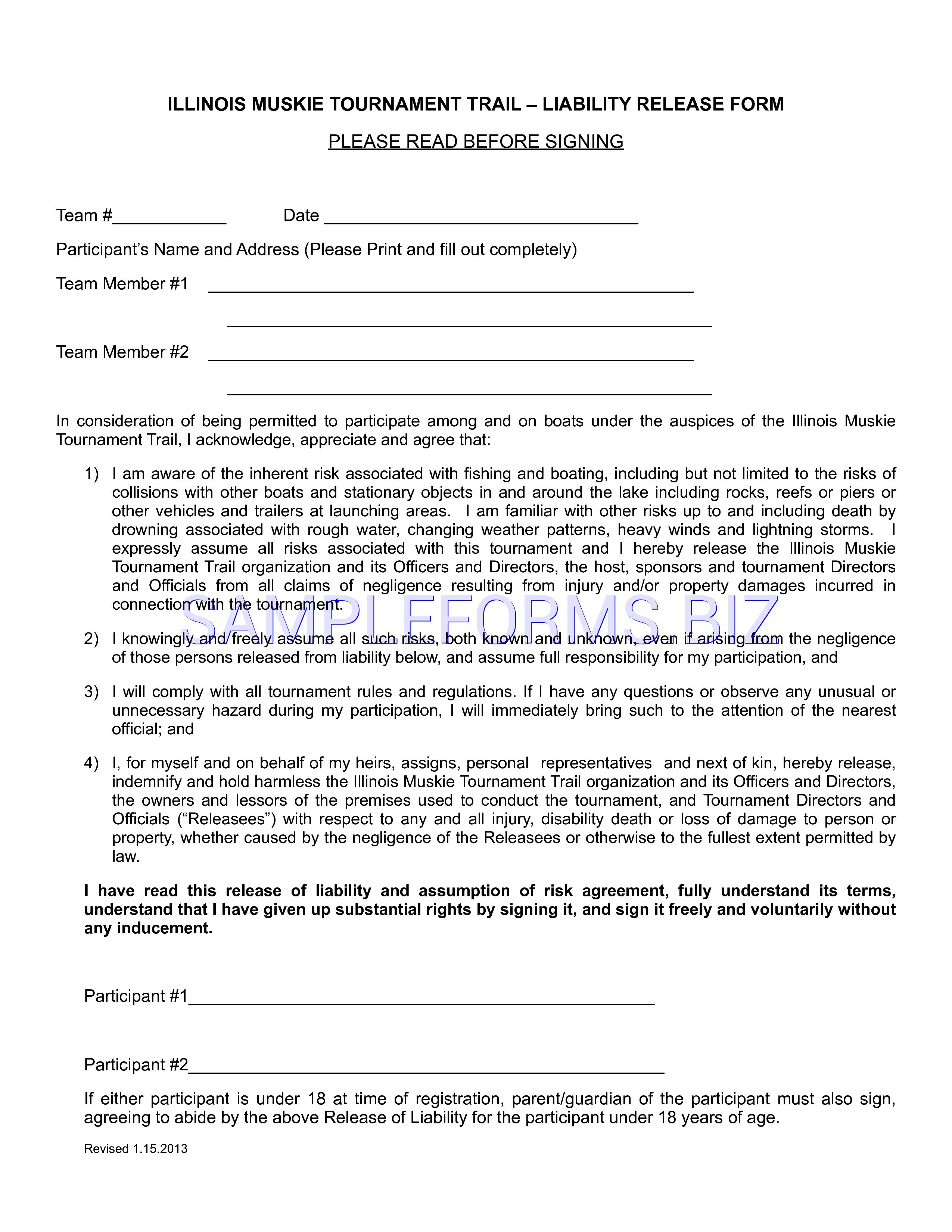 Preview free downloadable Illinois Liability Release Form 1 in PDF (page 1)